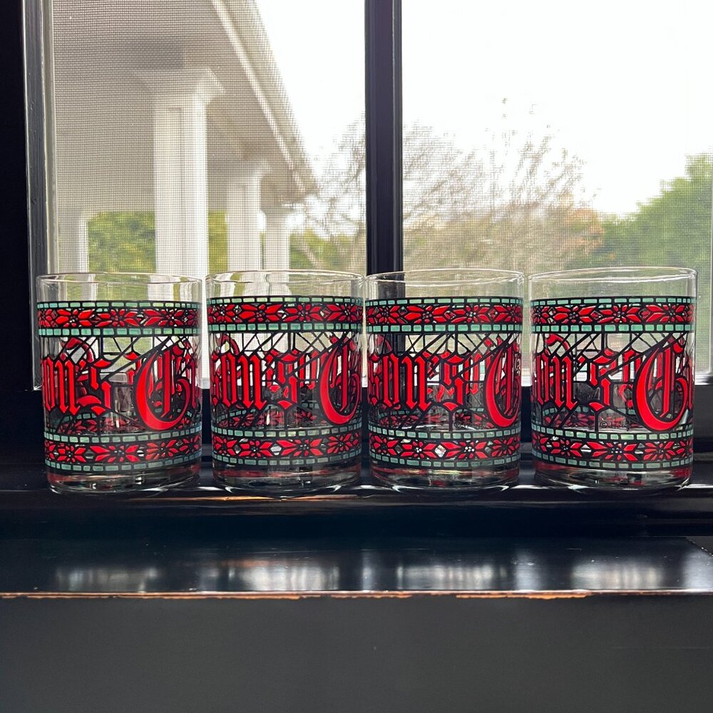 Lot of 4 Vintage Houze "Seasons Greetings" Double Old Fashioned Glasses MCM